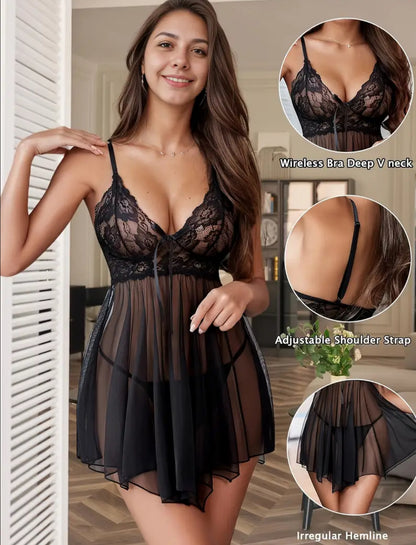 Pijama sexy Sublime élégance ak sensualité ak nightwear dantèl transparan sa a! Fè ak yon twal may limyè ak dantèl delika, li bay yon aparans séduisant ak rafin sa ki ajoute yon touche romantik ak sofistike. Li vini ak yon tanga sexy pou yon fini konplè